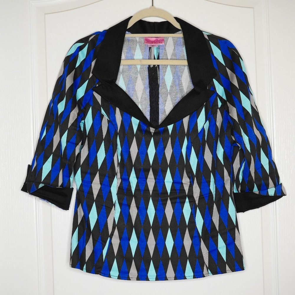 Pinup Couture Doris Top in Blue House Harlequin XL